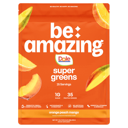 Be Amazing Super Greens powder with Dole orange, peach, and mango flavors in a vibrant green blend.