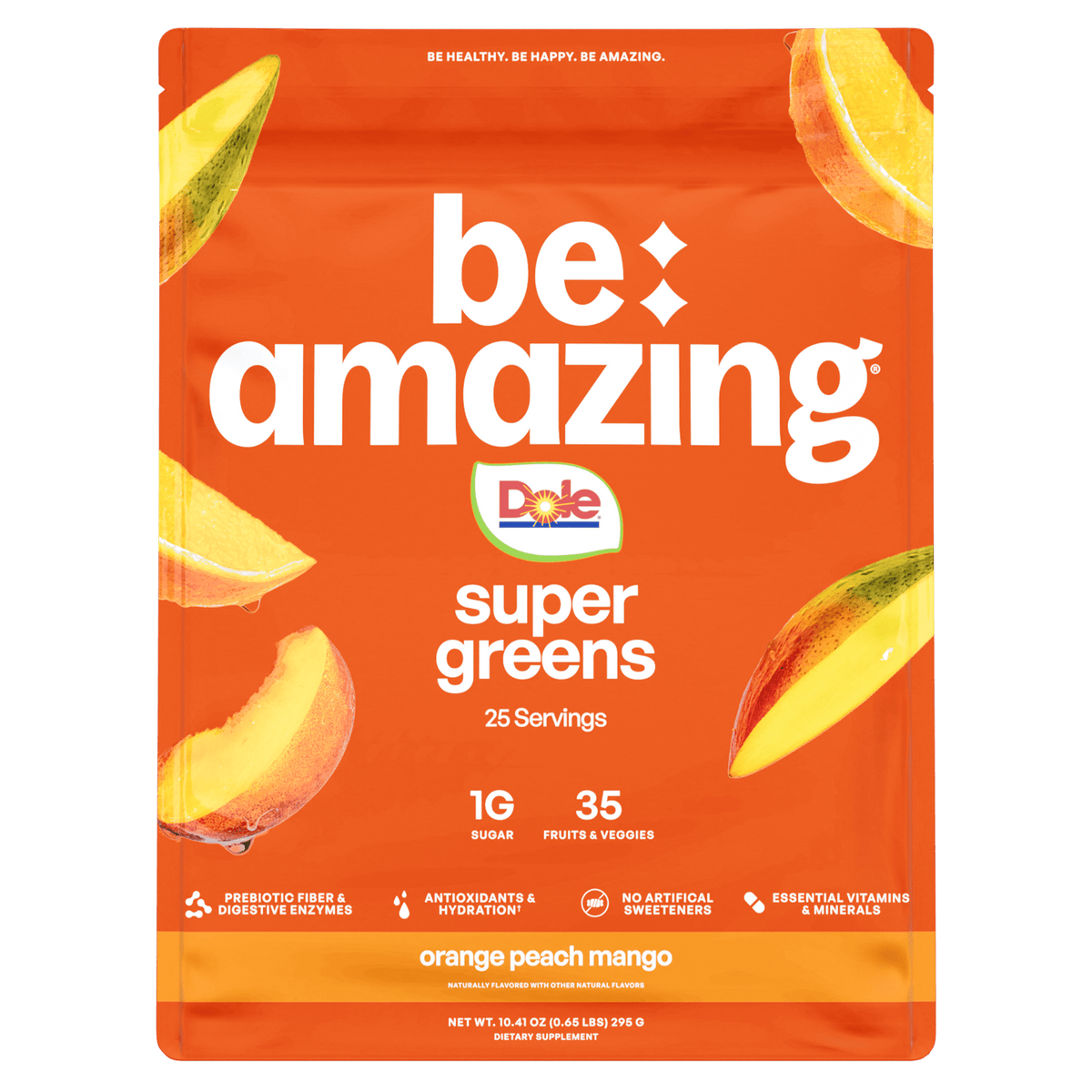 Be Amazing Super Greens powder with orange, peach, and mango flavors, featuring vibrant greens and fruit slices in the image.