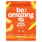 Be Amazing Super Greens powder with orange, peach, and mango flavors, featuring vibrant greens and fruit slices in the image.