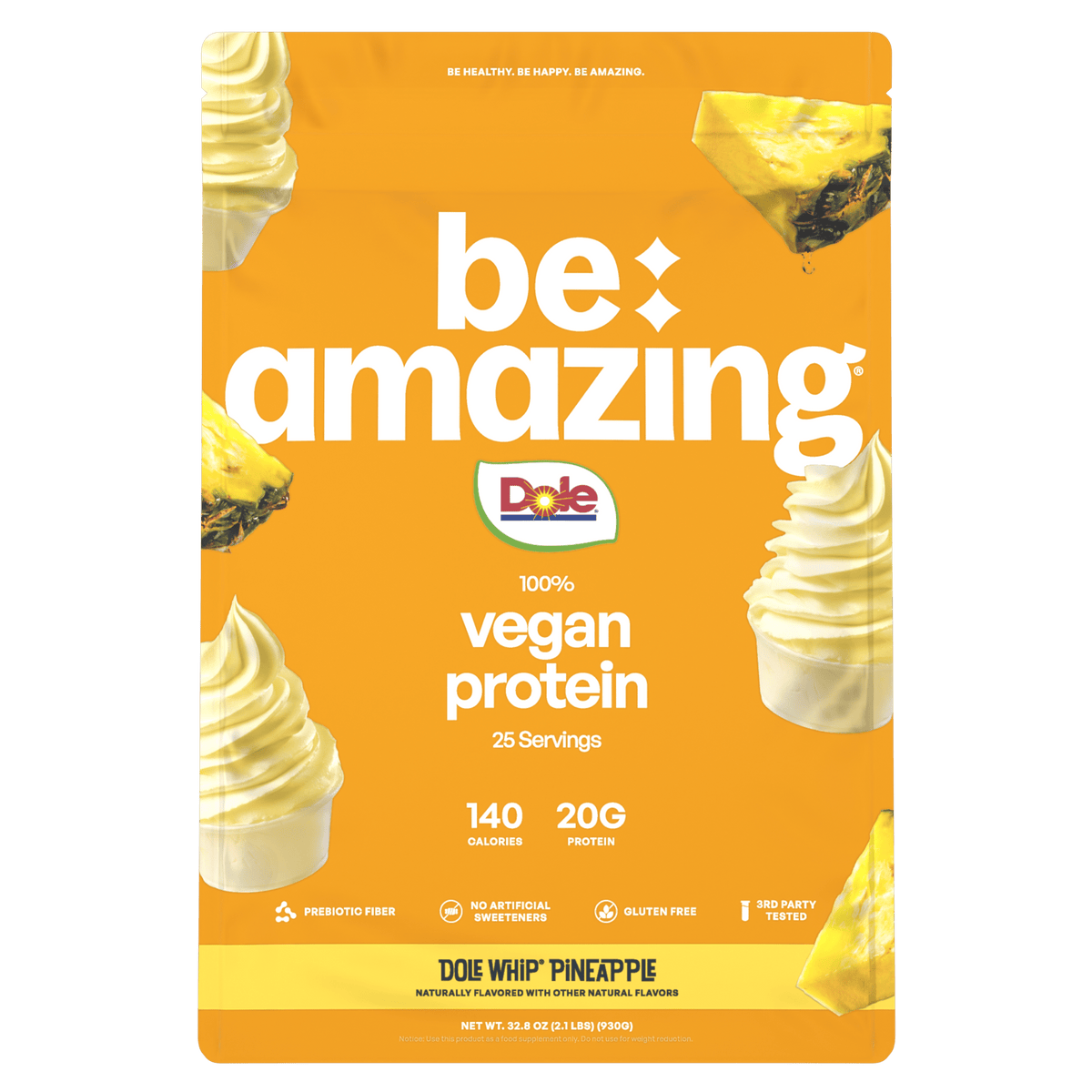 Be Amazing vegan protein powder with pineapple flavor in the Dole Whip style, showing the product container and pineapple imagery.