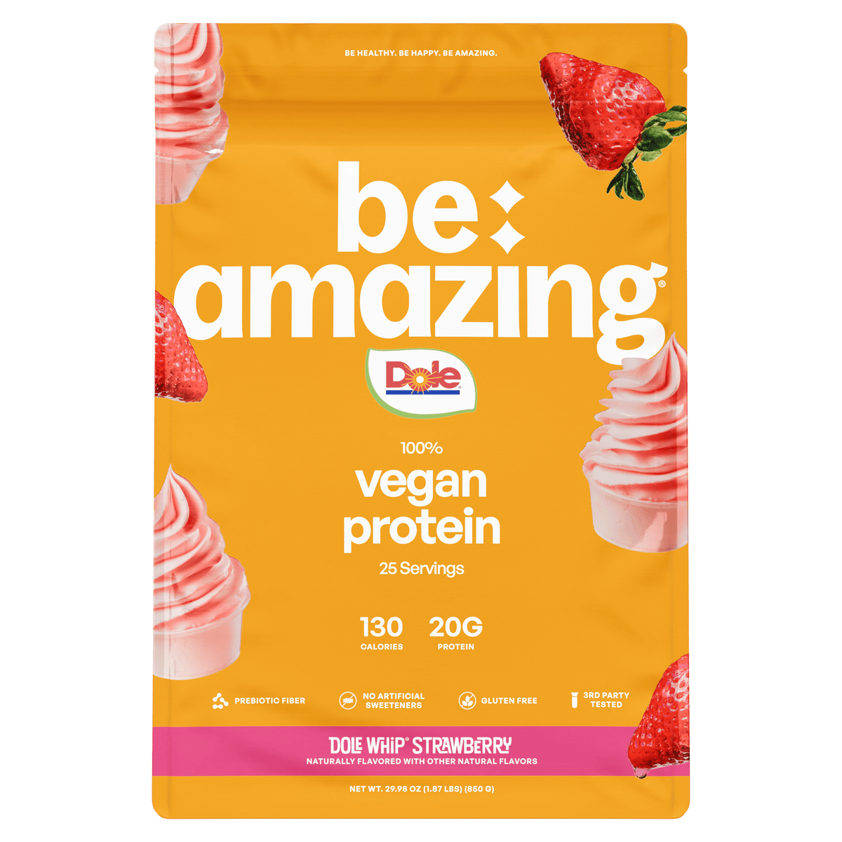 Dole Whip Strawberry Vegan Protein powder by Be Amazing in a resealable bag, showcasing vibrant strawberry flavor packaging.