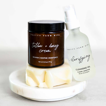 Pretty Farm Girl Double Cleansing Kit with soothing cleanser and soft cloths, designed for gentle, effective skin cleansing.