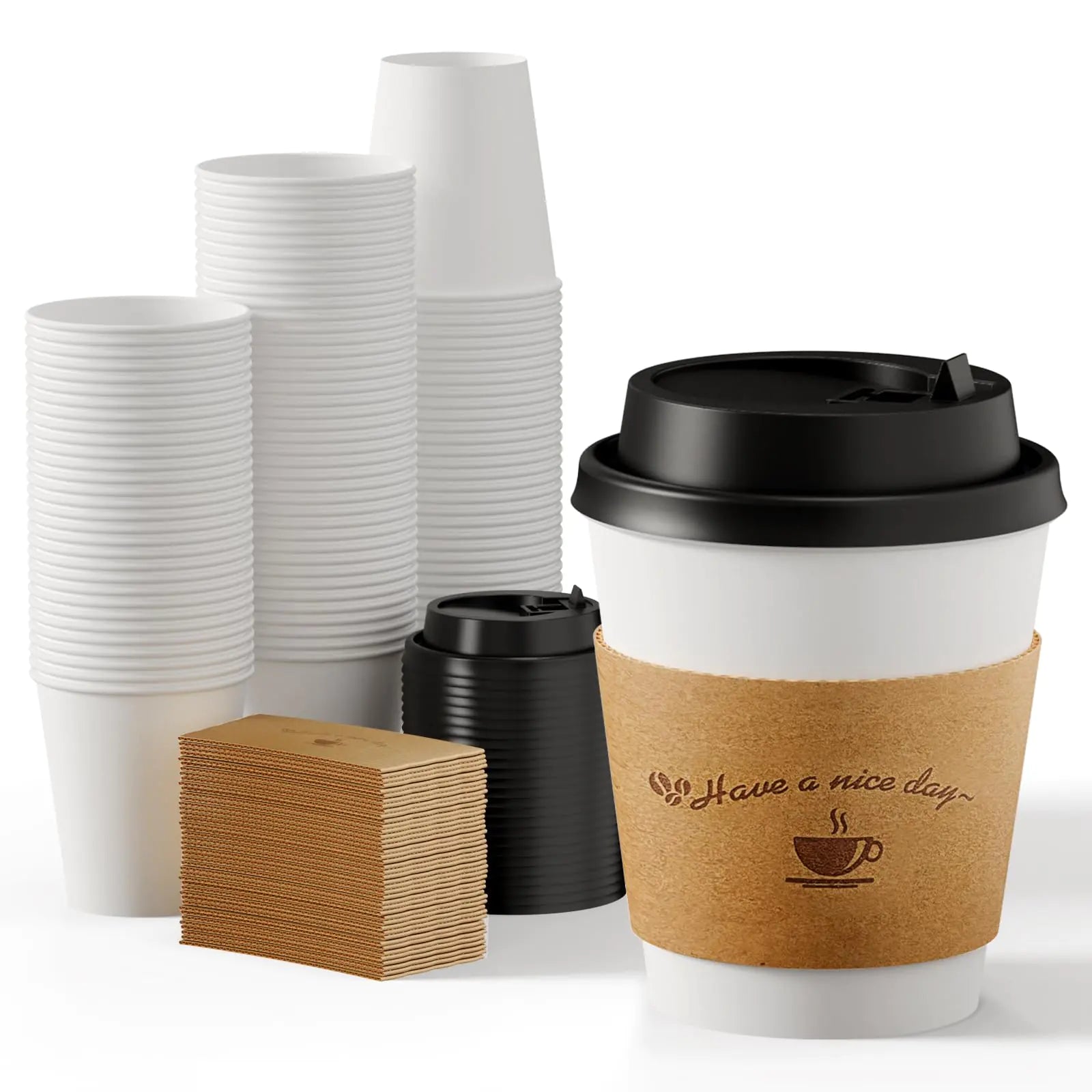 LITOPAK 100 Pack Disposable Coffee Cups with Lids and Kraft Sleeves 10 oz White Coffee Cups Paper coffee Cups for Hot Drinks