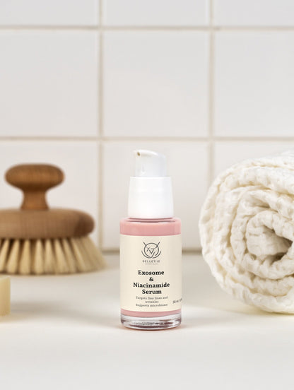 Belleviecosmetic Exosome & Niacinamide Cell Renewal Serum 30ml, featuring a sleek bottle, for skin barrier repair and radiance.