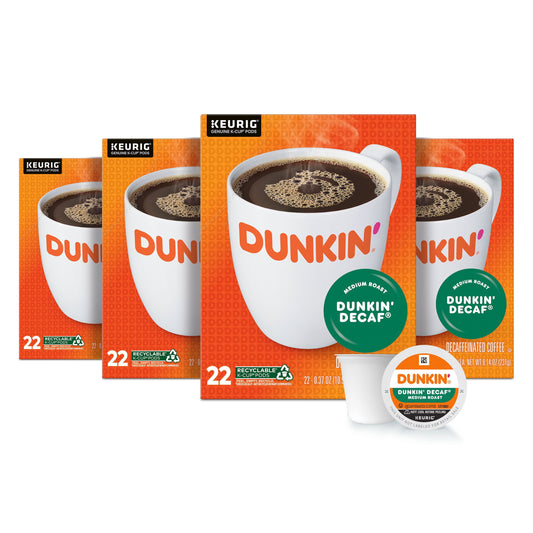 (4 Pack) Dunkin’ Decaf Medium Roast Coffee, Keurig K Cup Pods, 22 Count Box