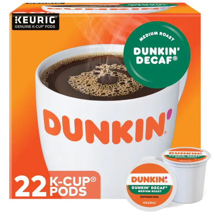 KupofK Coffee Dunkin Decaf Medium Roast Coffee K-Cup Pods, single-serving coffee capsules for Keurig brewers.