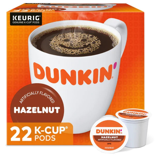 KupofK Coffee Dunkin Hazelnut flavored coffee K-Cup pods for Keurig brewers, showing the coffee pods with hazelnut flavor branding.