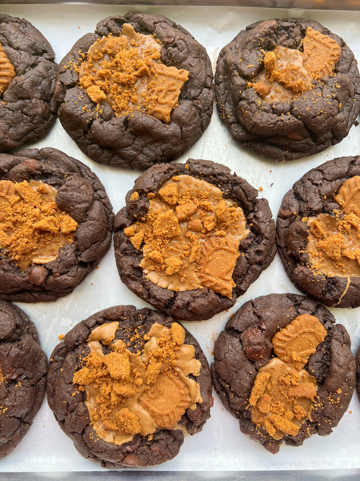 Let's Get Baked Artisan Desserts double chocolate Biscoff cookies with rich chocolate and caramelized Biscoff spread.
