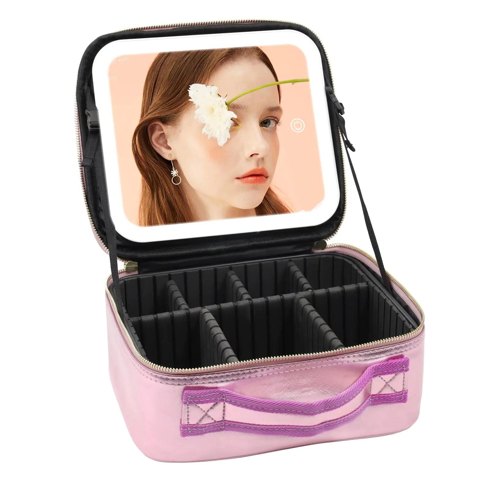 RRtide Travel Makeup Bag with Light up Mirror Makeup Case with Mirror and Lights with Detachable 10X Magnifying Mirror Adjustable Dividers Golden Rose