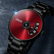 Waterproof automatic steel watch with red dial and black stainless steel band