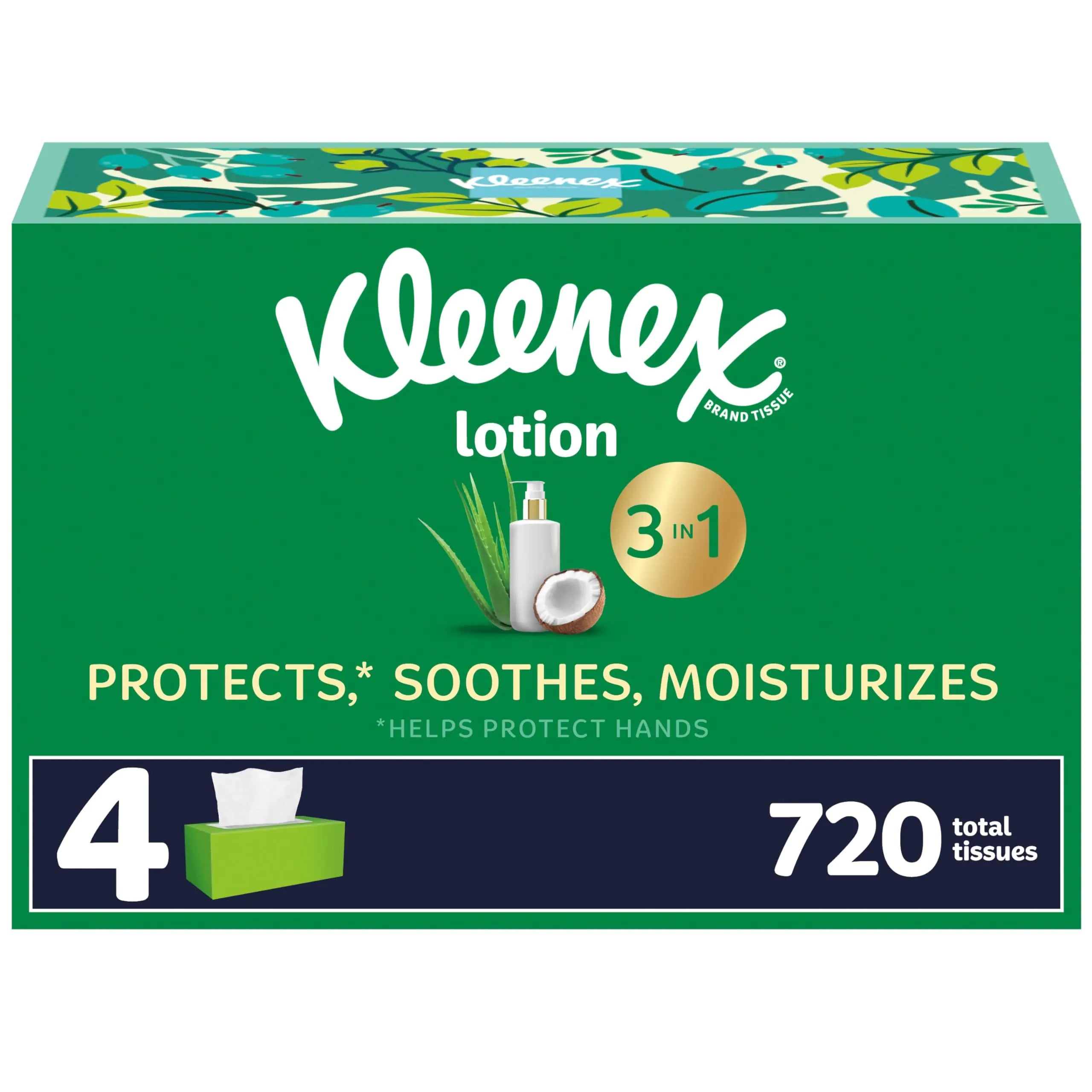 Kleenex Lotion Facial Tissues with Coconut Oil 4 Flat Boxes 180 Tissues Per Box 3-Ply