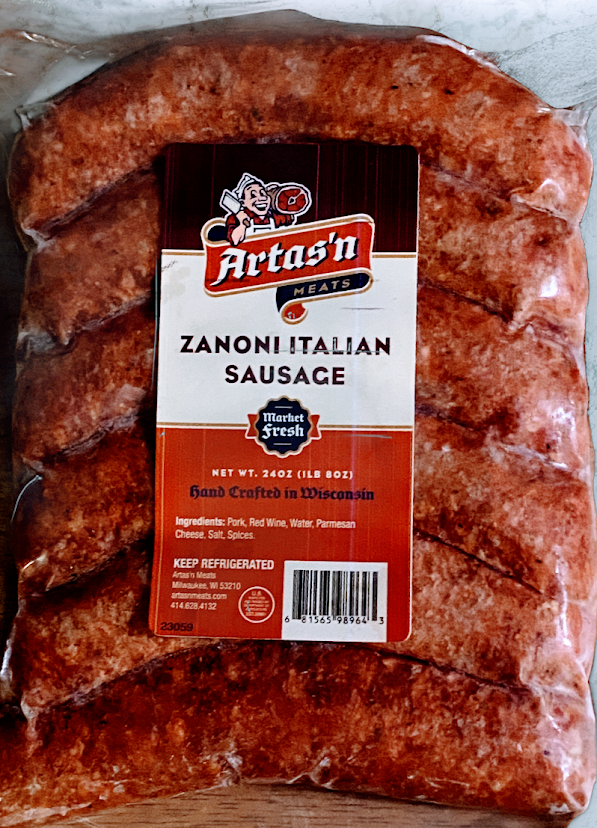 Fresh Zanoni Italian Sausage from Artas'n Meats, showing plump, seasoned Italian sausage links in natural casing.