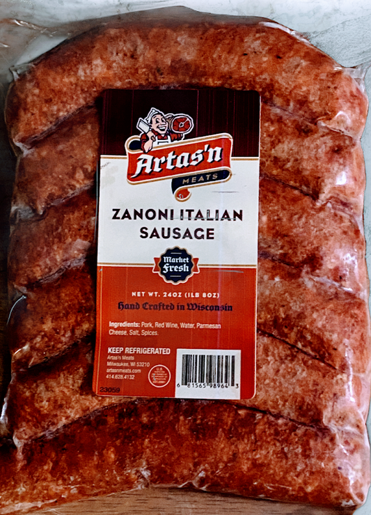 Fresh Zanoni Italian Sausage from Artas'n Meats, showing plump, seasoned Italian sausage links in natural casing.