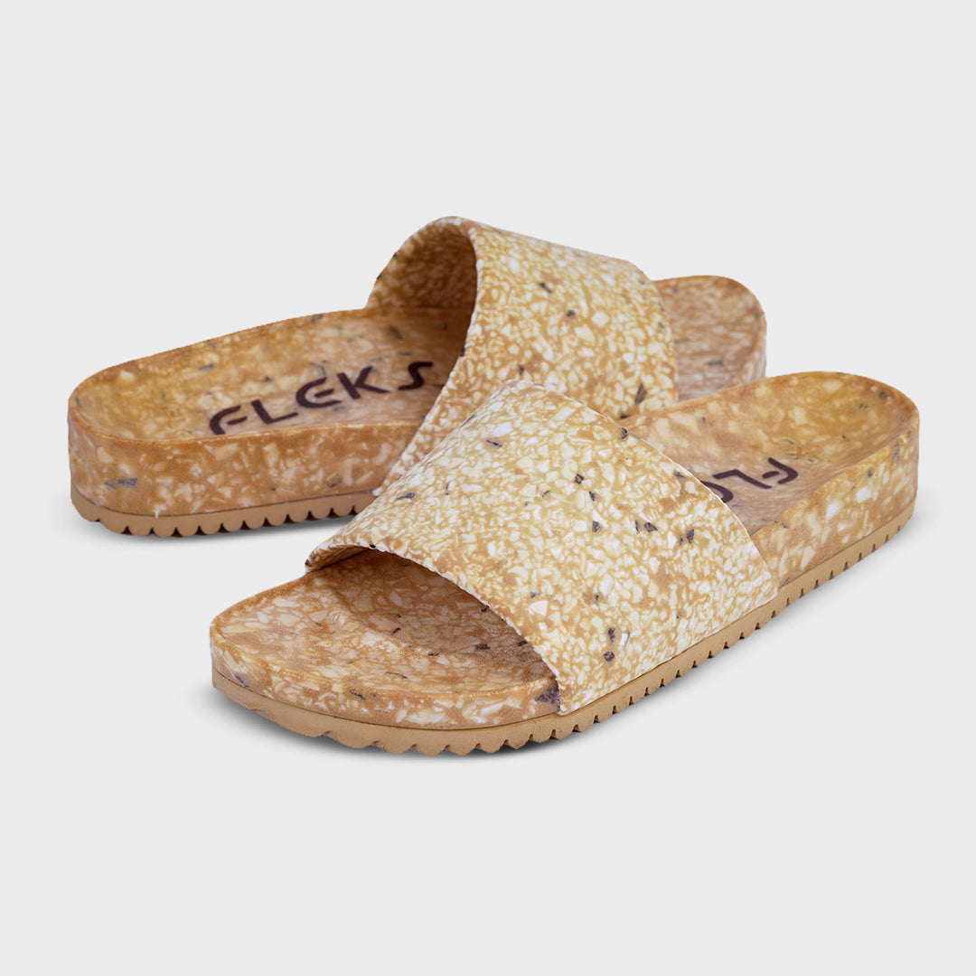 Fleks East Beach Slide in Morning Coffee color, featuring casual slide sandals with comfortable straps and textured soles.