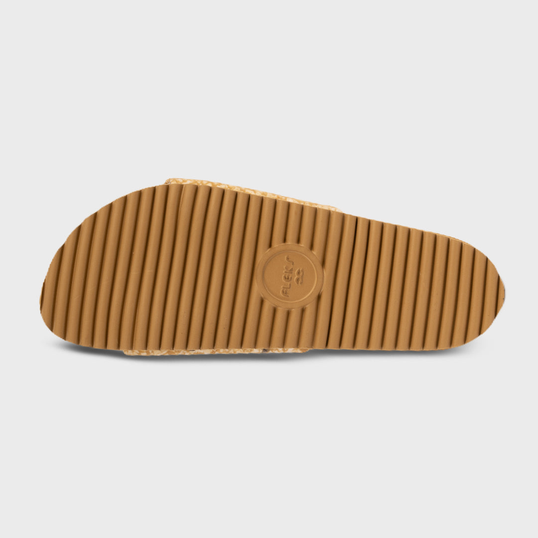 Fleks East Beach Slide in Morning Coffee color, showing the outsole and casual slip-on design for beach and summer wear.