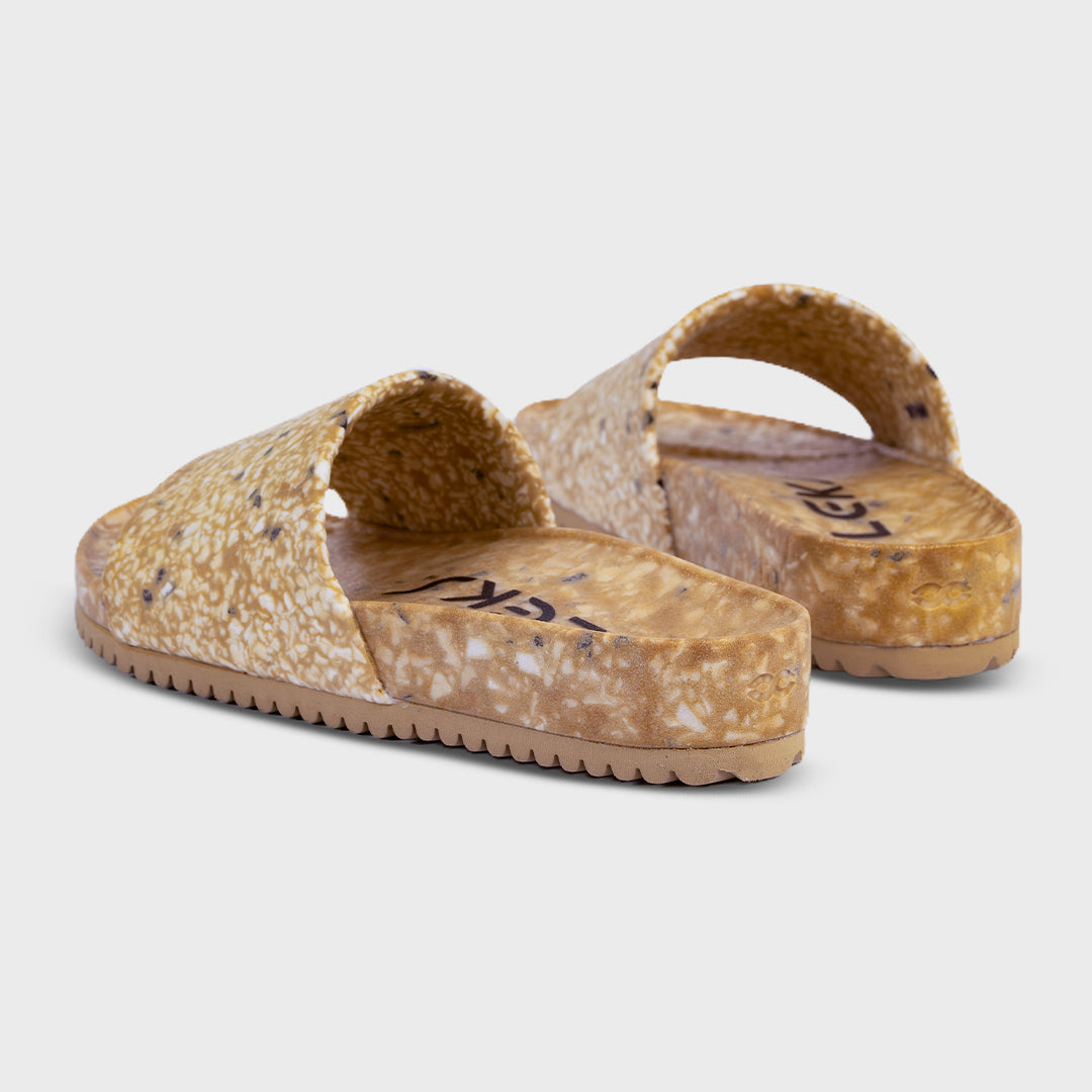 Rear view of Fleks East Beach Slide in Morning Coffee color, showcasing casual slip-on beach footwear with a comfortable design.