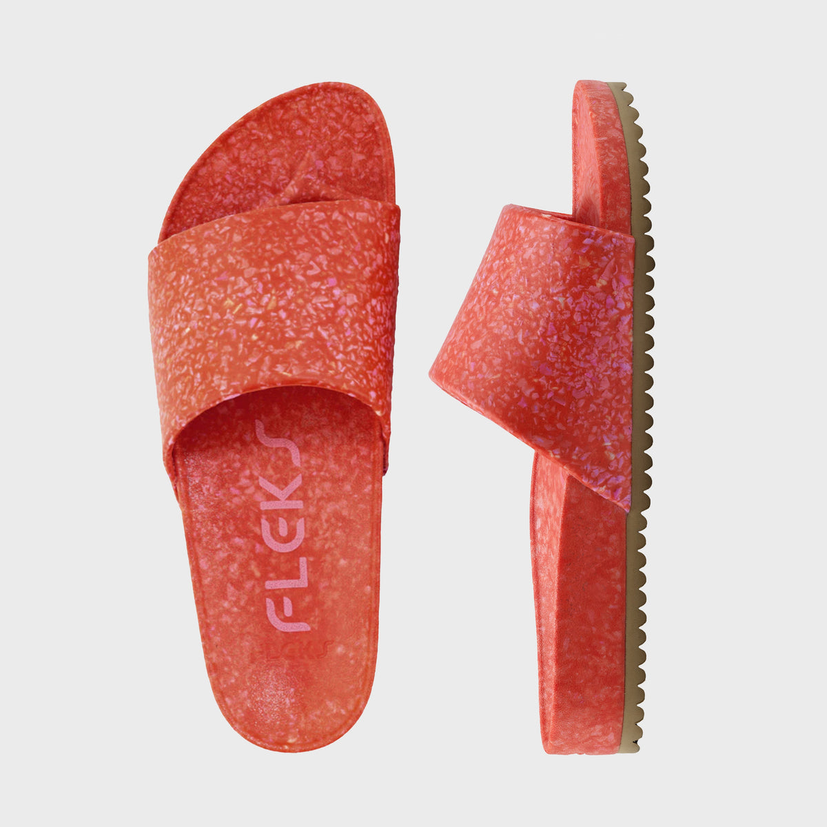 Fleks East Beach Slide with starfish design, top view showing comfortable slide sandal with starfish embellishments.