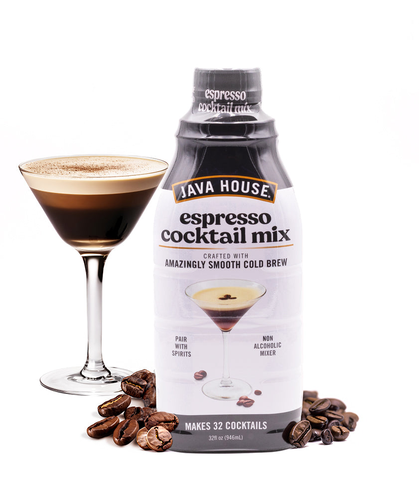 Java House Cold Brew Espresso Martini Mix in a 32oz bottle, ready to create flavorful espresso martinis at home.