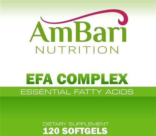AmBari Nutrition Essential Fatty Acids supplement bottle showing the EFA complex label and capsules inside.