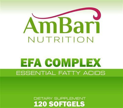 AmBari Nutrition Essential Fatty Acids supplement bottle showing the EFA complex label and capsules inside.