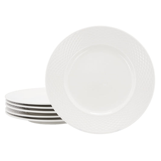 Elama Ophelia 6-piece white stoneware dinner plate set with matching plates and bowls, stylish and durable for everyday use.