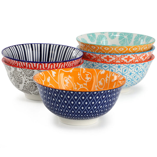 Elama Roxey 6-piece assorted design 20oz porcelain footed bowl set with colorful patterns, ideal for serving and display.