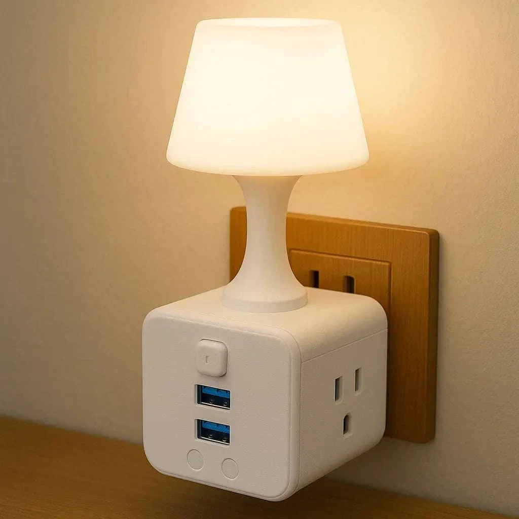 Luminous night light with soft warm glow and USB charging ports plugged into wall outlet