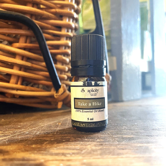 Take A Hike EO Blend essential oil from Soaplicity, 5 ml bottle featuring a natural herbal scent and outdoor-inspired design.