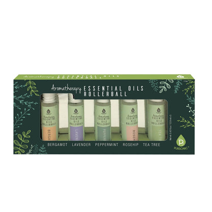Set of Pursonic aromatherapy essential oils rollerballs including bergamot, lavender, peppermint, rosehip, and tea tree in packaging.