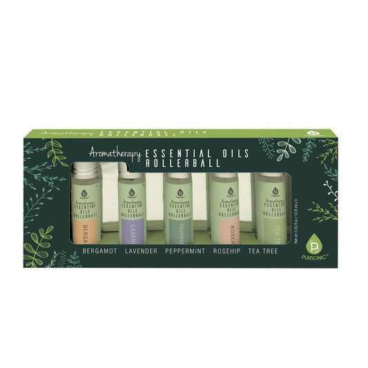 Set of Pursonic aromatherapy essential oils rollerballs including bergamot, lavender, peppermint, rosehip, and tea tree in packaging.