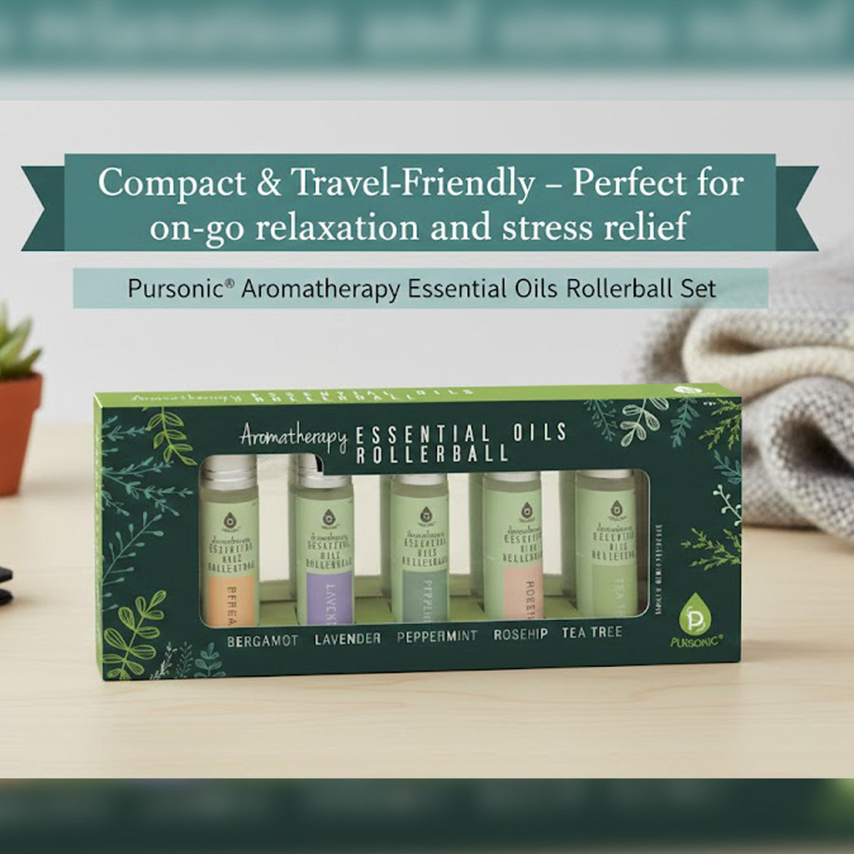 Pursonic aromatherapy essential oils rollerballs with Bergamot, Lavender, Peppermint, Rosehip, and Tea Tree for relaxing aromatherapy.