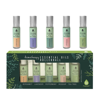 Set of Pursonic aromatherapy essential oil rollerballs including bergamot, lavender, peppermint, rosehip, and tea tree.