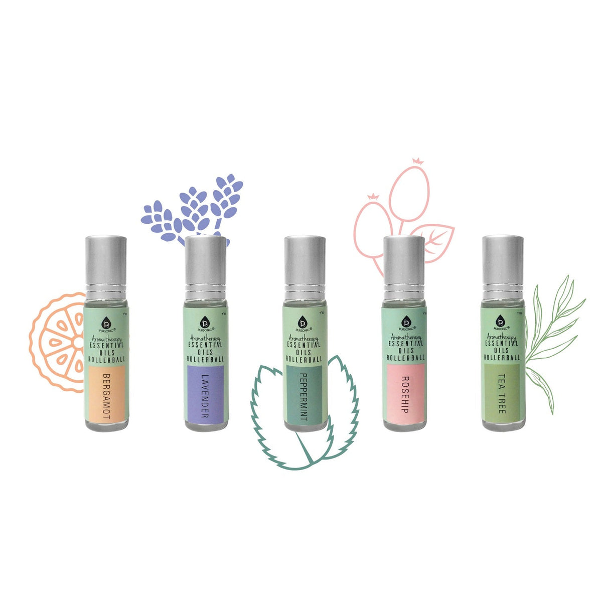 Set of Pursonic aromatherapy essential oils rollerballs featuring bergamot, lavender, peppermint, rosehip, and tea tree for wellness.