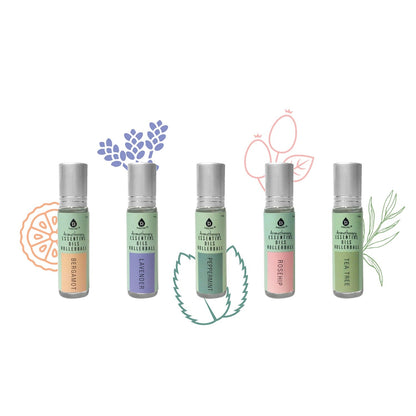 Set of Pursonic aromatherapy essential oils rollerballs featuring bergamot, lavender, peppermint, rosehip, and tea tree for wellness.