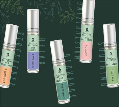 Set of Pursonic aromatherapy essential oils rollerballs with Bergamot, Lavender, Peppermint, Rosehip, and Tea Tree in glass bottles.