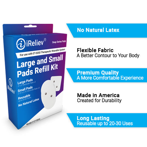 iReliev Wireless Electrode Pads Refill Kit with large and small pads for TENS and EMS therapy, shown in the product image.