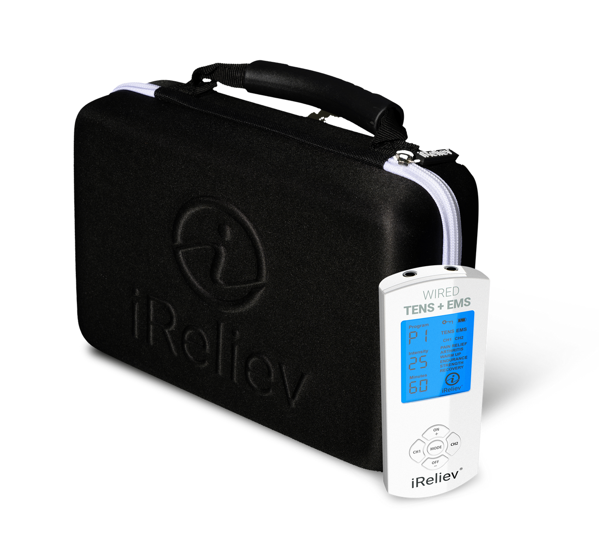 iReliev TENS Unit for pain relief and recovery with case, featuring control screen and electrode pads for targeted muscle therapy.