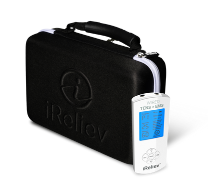 iReliev TENS Unit for pain relief and recovery with case, featuring control screen and electrode pads for targeted muscle therapy.