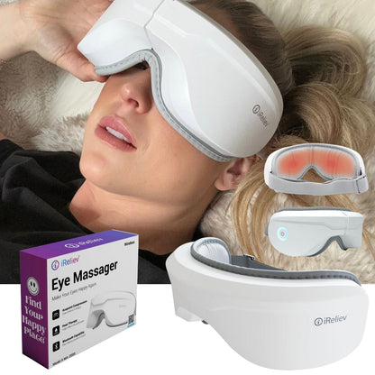iReliev Relaxable™ Eye Massager with Heat showing a sleek black device designed for soothing eye massage and relaxation.
