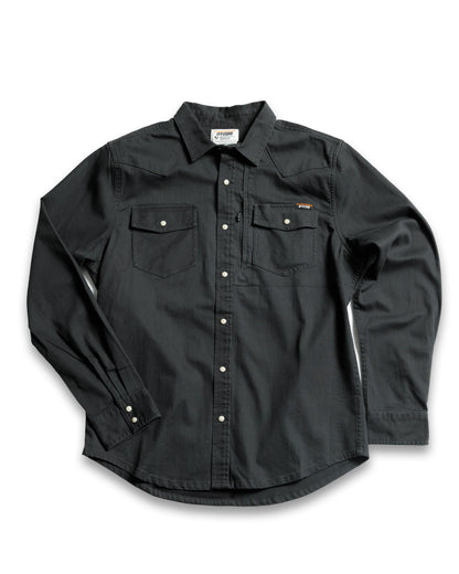 Vintage black Earl denim long sleeve shirt by Off The Grid Surplus, featuring classic denim fabric and button-up front.