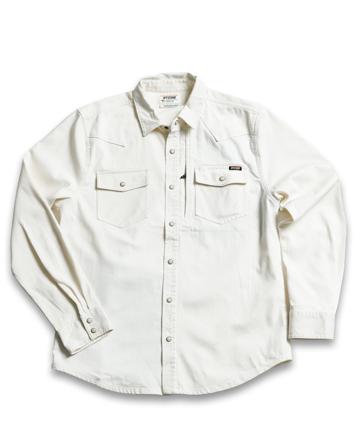 Off The Grid Surplus Earl Denim Shirt in natural long sleeve style, featuring classic denim fabric and button closure.