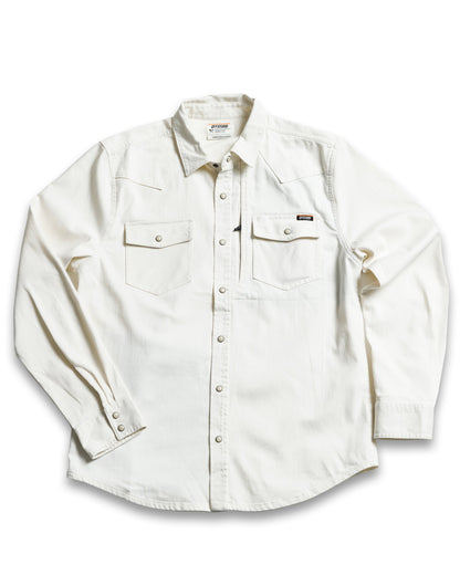 Off The Grid Surplus Earl Denim Shirt in natural long sleeve style, featuring classic denim fabric and button closure.