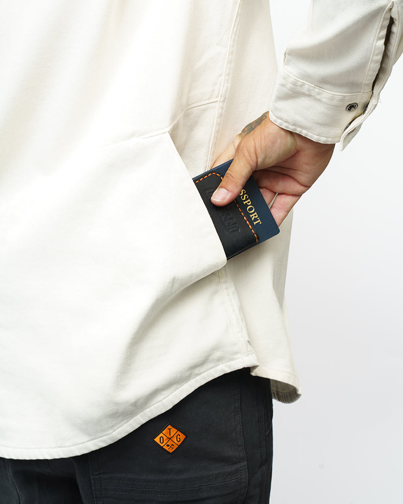 Off The Grid Surplus Earl Denim Shirt in natural color, long sleeve style with button closure and classic denim texture.