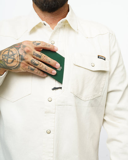 Off The Grid Surplus Earl Denim Shirt in natural long sleeve style, showing classic denim fabric and button-front design.
