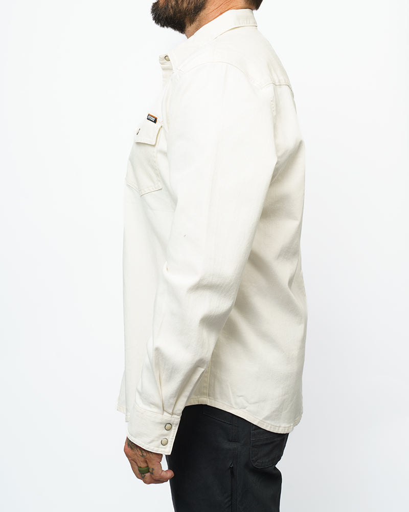 Off The Grid Surplus Earl denim long sleeve shirt in natural color, featuring classic button-down style and durable denim fabric.
