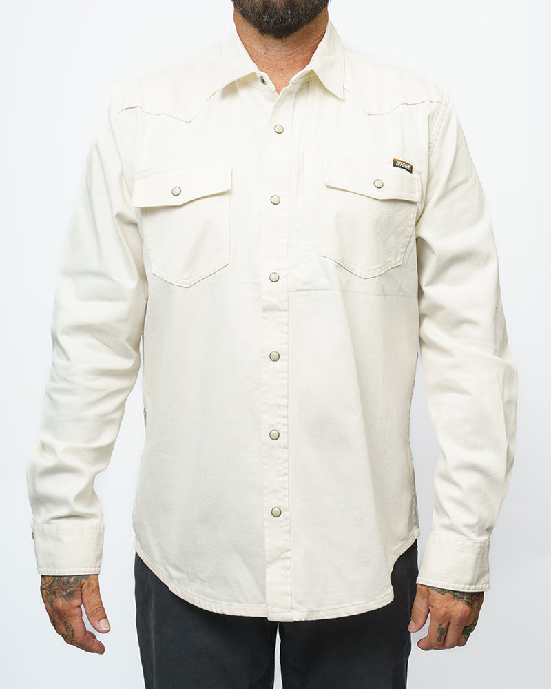 Off The Grid Surplus Earl denim long sleeve shirt in natural color, featuring classic denim styling and button-up design.