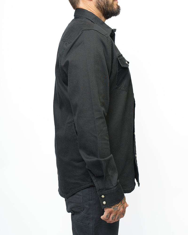 Vintage black Earl denim shirt by Off The Grid Surplus, long sleeve style with classic denim stitching and button front.