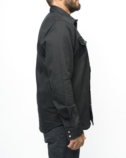 Vintage black Earl denim shirt by Off The Grid Surplus, long sleeve style with classic denim stitching and button front.
