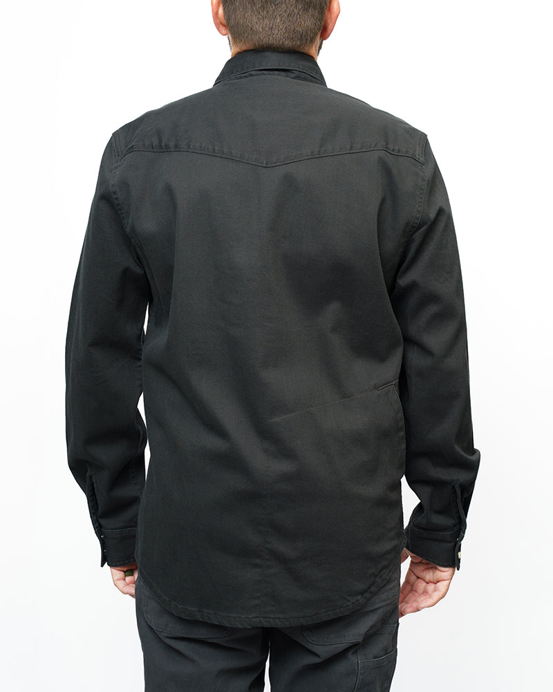 Vintage black Earl denim long sleeve shirt by Off The Grid Surplus, featuring classic denim styling and a relaxed fit.