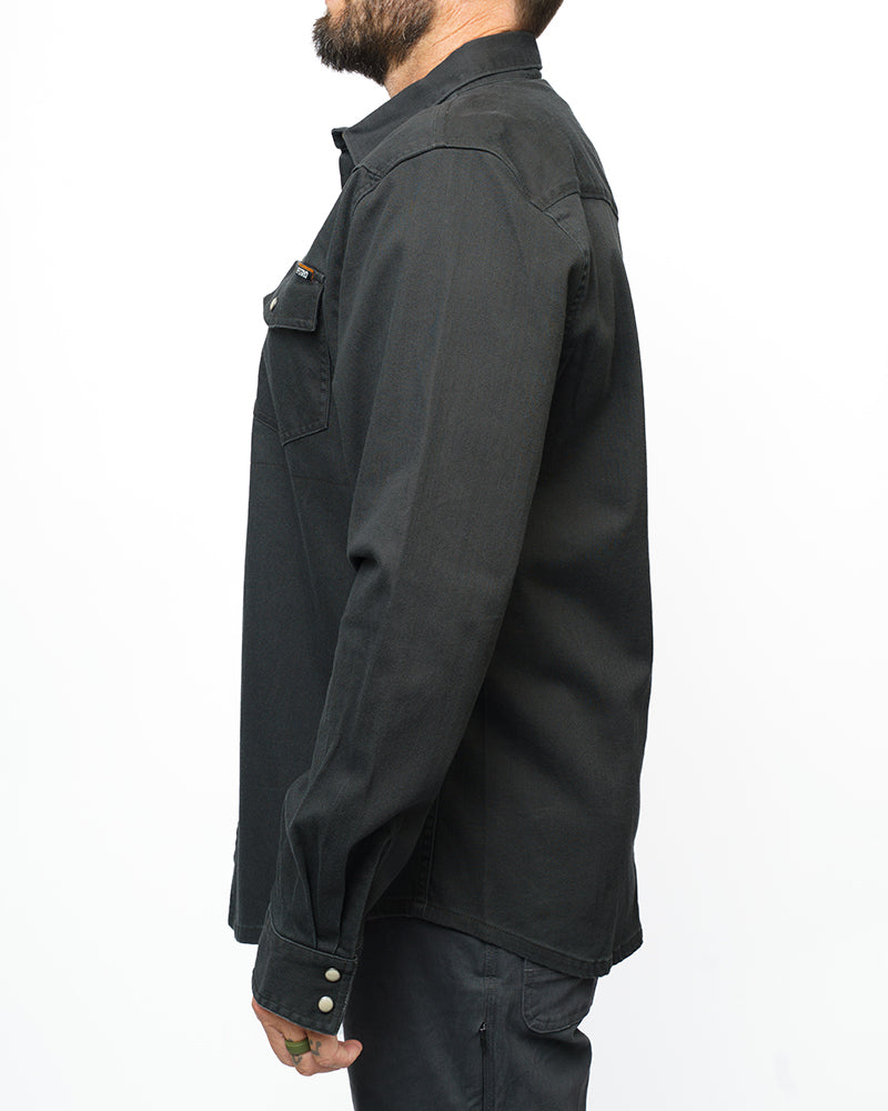 Vintage black Earl denim shirt by Off The Grid Surplus, long sleeve shirt with classic denim design and button closure.